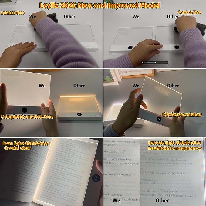 LED Flat Book Light for Reading in Bed, Eye-Caring Books Lights, 3 Color Temperatures & Stepless Dimmable, Portable Flat Panel Lamp Page, USB Rechargeable Night Light for Kids & Adults (Black)