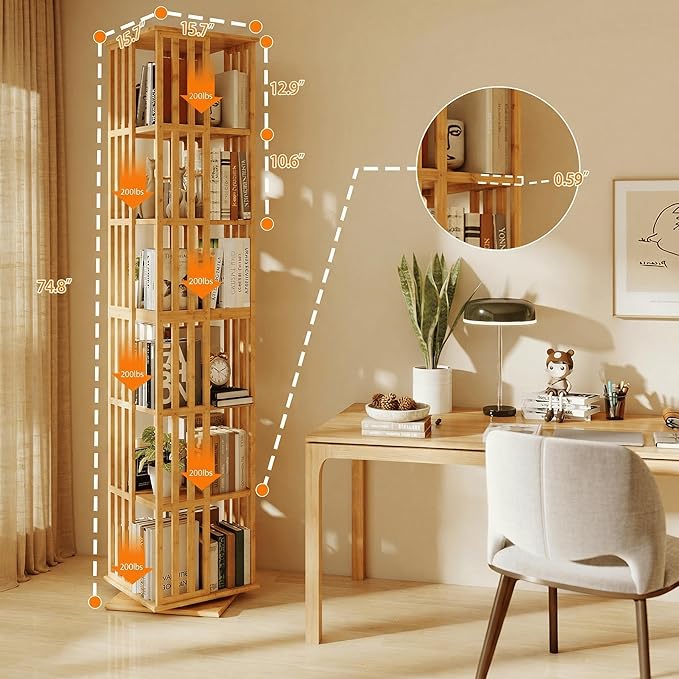 Lauxery Rotating Bookshelf Tower– 6 Tier 360° Spinning Bookshelf | Space-Saving Floor Standing Bamboo Revolving Bookcase for Small Space, Home Offices & Reading Corners | Nature