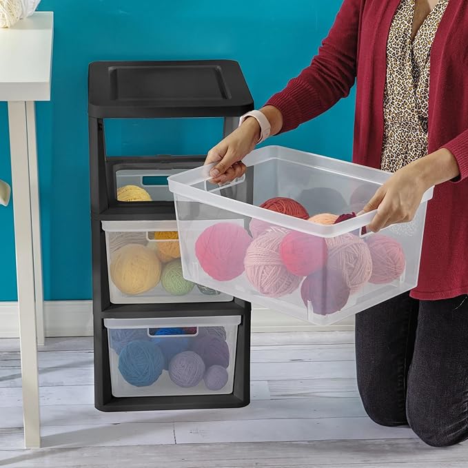 Plastic Drawer Wide Tower Plastic Storage Cart with Clear Pull Out Drawers, Black (Black, 3 Drawer Wide Tower)