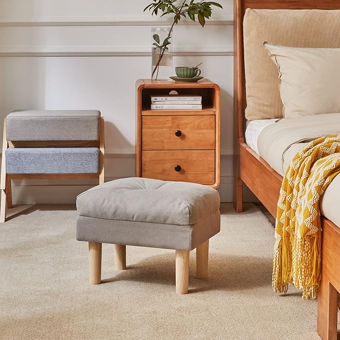 YMYNY 15.75" Small Foot Stool Ottoman, Footrest with Sponge Soft Padded Seat, Cotton-Linen Blend Fabric Footstool for Sofa, Bedroom, Living Room, Entryway, Solid Wood Legs, Gray, UHBD023G