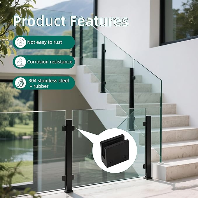 Black Glass Railing Clamp Adjustable Flat Shelf Bracket, for Thickness 3/8"-15/32"(10mm-12mm), 304 Stainless Steel Heavy Duty Square 55*55mm Glass Railing Balustrade Post Clip(20 Pack)