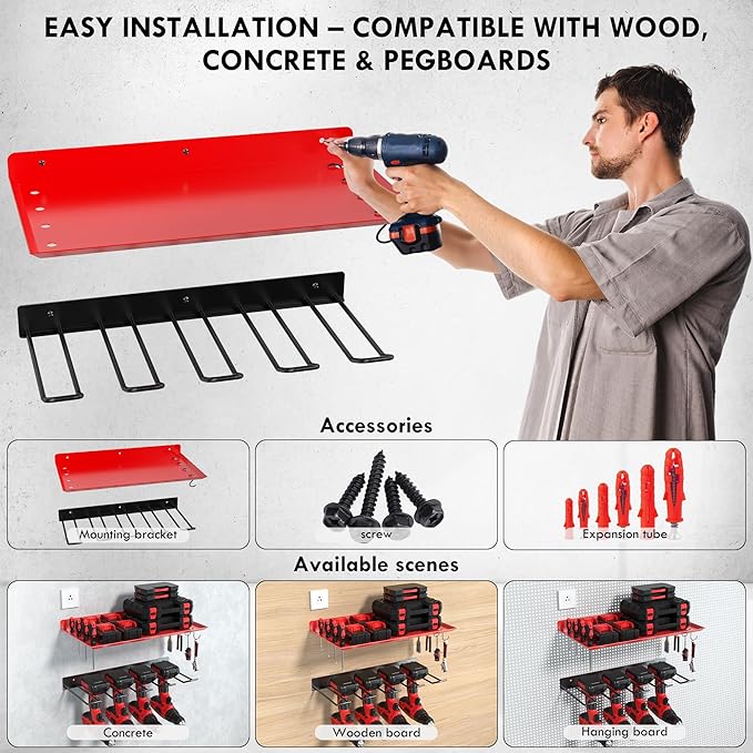 KSVO Wall Mount Power Tool Organizer, Metal Drill Holder for Garage, Workshop, and Shed, Heavy Duty Tool Storage Rack for Handheld & Cordless Tools (Red)