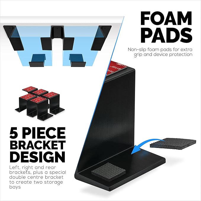 BRAINWAVZ Twin Under Desk Laptop & Device Holder Mount, Adhesive & Screw in, Devices Upto 3" Like Small Computers Laptops MacBook Surface Keyboard Routers Modems Cable Box Network Switch & More.