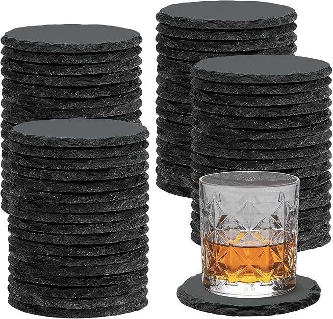 68 PCS Round Slate Drink Coasters Set, SIJDIEE 4 Inch Laser Engraving Black Slate Stone Coasters with Anti-Scratch Bottom and Coaster Holder for Office Bar Kitchen Home Dinner Table Decor Supplies
