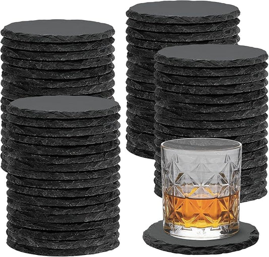 68 PCS Round Slate Drink Coasters Set, SIJDIEE 4 Inch Laser Engraving Black Slate Stone Coasters with Anti-Scratch Bottom and Coaster Holder for Office Bar Kitchen Home Dinner Table Decor Supplies
