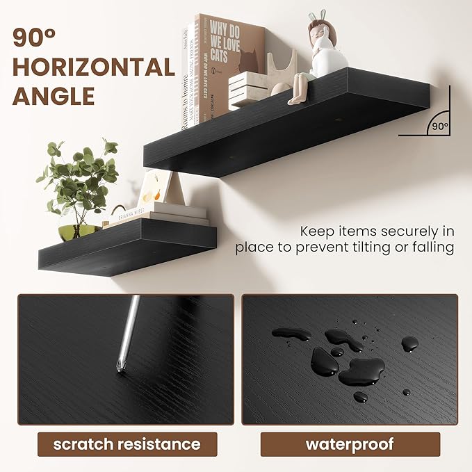 Acovy 36 Inch Floating Shelves for Wall 2 Pack, 36" Wall Shelves for Books, Storage, Decor, Wall Mounted Floating Shelf with Invisible Brackets for Kitchen, Living Room, Black