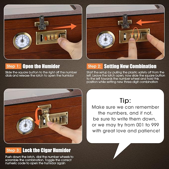 Tesonway Cigar Humidor, Cedar Wood Humidor Cigar Box, Glass Top Desktop Humidor with Front Hygrometer, Humidifier, Divider, Accessories Drawer and Combination Lock, Cigar Gifts for Men (Brown)