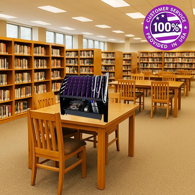 Laptop Charging Station for Classroom, Office, or Home, 10-Device Organizer with 6 AC Outlets & 4 USB Ports, Fits Laptops, Tablets & E-Readers up to 1.375" Thick, 15.3" x 13" x 13"