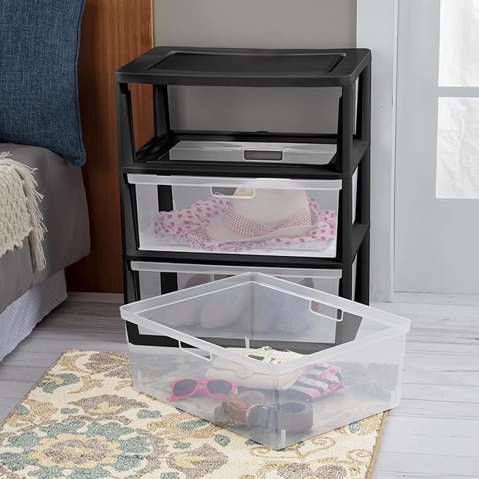 Plastic 5 Drawer Wide Tower, Black