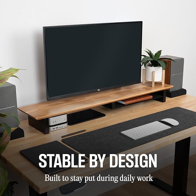 COREMINDED Solid Wood Dual Monitor Stand Riser – 43" Oak Desk Shelf for 2 Monitors with Tray & Wool Felt, Organizer for Desktop, Laptop and Office (Solid Oak)