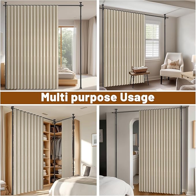 AJAZZ Room Divider Curtain (2 Panels, Beige, W100 x L96 in)+ Curtain Rods No Drilling Adjustable Tension (H) 43-120×(W) 35-200 in, Heavy Duty Wall Divider for Apartment/Dorm
