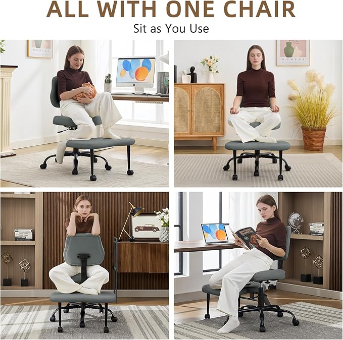 Criss Cross Legged Meditaion Chair,Exquisite Home Office Furniture,Ergonomic Kneeling with Lumbar Support and Adjustable Height Stool,for ADHD Adults,Teddy Fabric (Grey, Faux Leather)