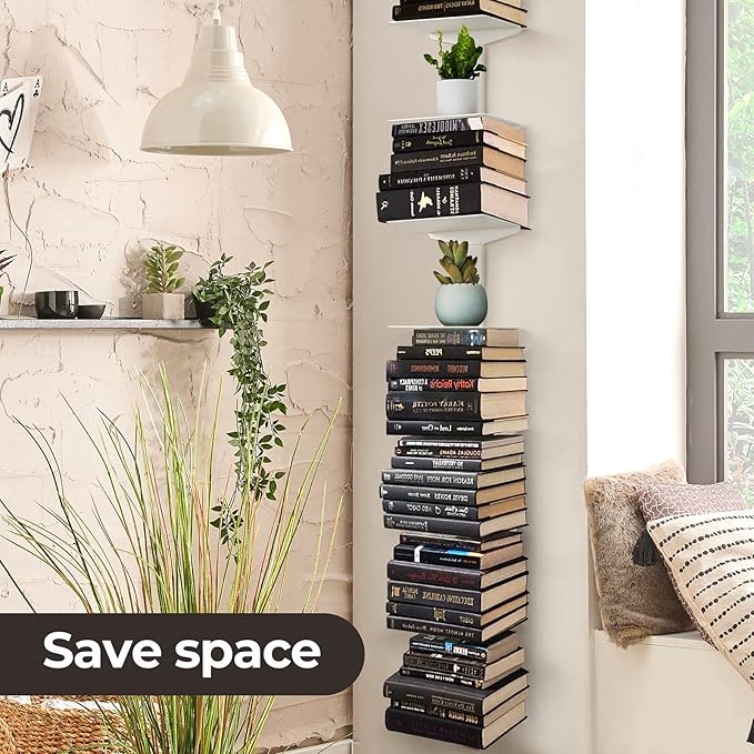 Floating Book Shelves for Wall, 2 Tier Invisible Floating Bookshelf, Vertical Spine Book Tower, Wall Mounted & Space Saving, Heavy Duty Metal Book Organizer for Home Office, 1 Pack White