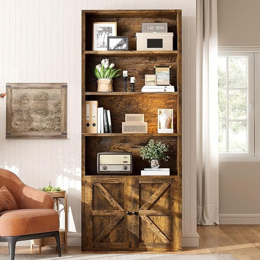 71.5" Tall Farmhouse Bookshelf, 6-Tier Bookcase with Cabinet Doors, Tall Display Shelves with Storage for Home Office, Living Room