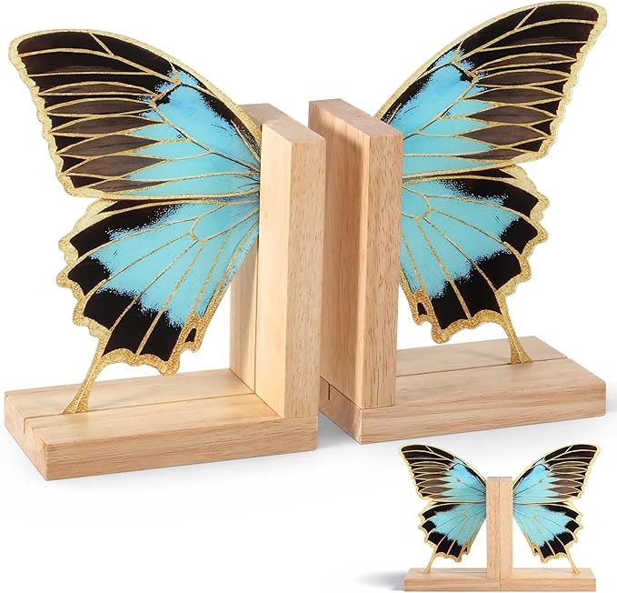 Decorative Butterfly Bookends Wooden Acrylic Butterflys Bookend Modern Bookshelf Decor Accent Book Stopper Decor for Home Farmhouse Shelves Office Lover Gift(Blue Butterfly)