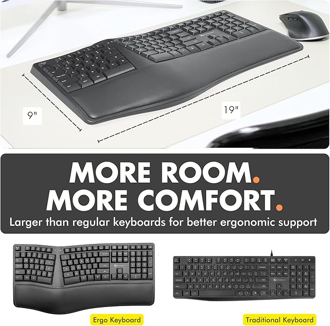 X9 Wireless Ergonomic Keyboard with Cushioned Wrist Support - Type Comfortably Longer - Wireless Split Keyboard for Laptop, PC & Chrome Computer with 110 Ergo Keys & 5ft Cable