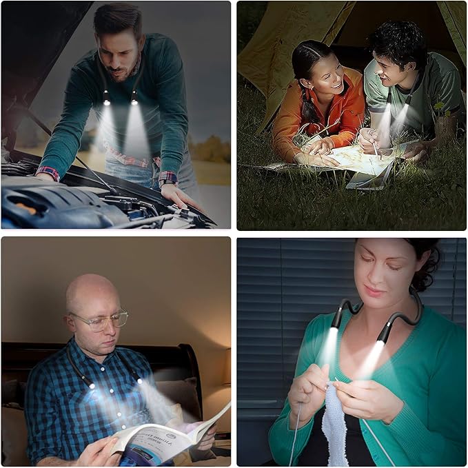 LED Neck Book Light USB Rechargeable, Hands Free, 4 Super Bright LED Bulbs, 3 Adjustable Brightness, Best for Reading in Bed, Knitting, Walking, Jogging, Mending in Night (Black)