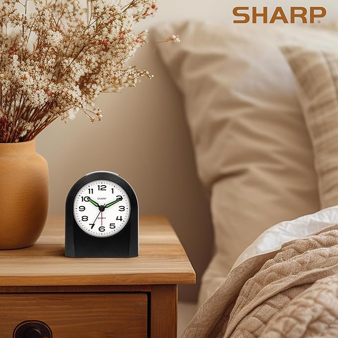 Sharp Small Battery Operated Analog Alarm Clock Silent No Ticking, Lighted on Demand and Snooze, Beep Sounds, Gentle Wake, Ascending Alarm, Black