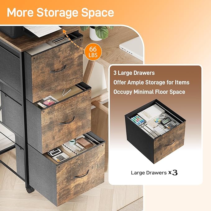 VINGLI 3 Drawer File Cabinet 34.8” Height, Rolling File Cabinet Mobile Tall File Cabinet with Wheels, Fabric Drawers Printer Stand for Home Office, Fits Letter Size, Rustic Brown