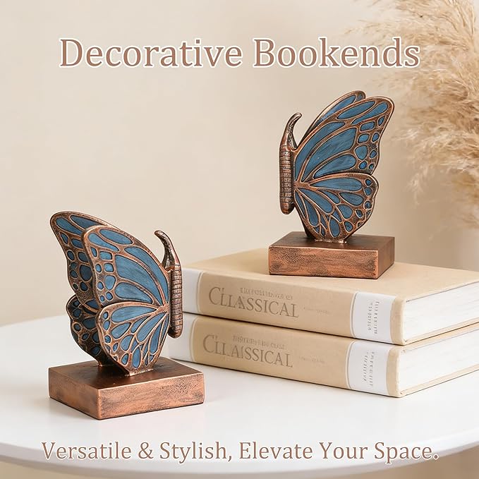 Blue Butterfly Bookends - Creative Book Stopper, Vintage Heavy Duty Book Ends, Decorative Bookends for Heavy Books