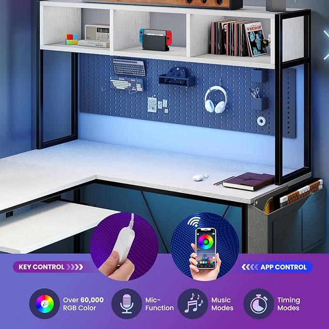 DUMOS L Shaped Gaming Desk 67", Reversible Computer Desk with LED Lights, Corner Desk for Small Spaces with Keyboard Tray & Storage Shelf, Metal Frame PC Gaming Table for Home Office Bedroom, White