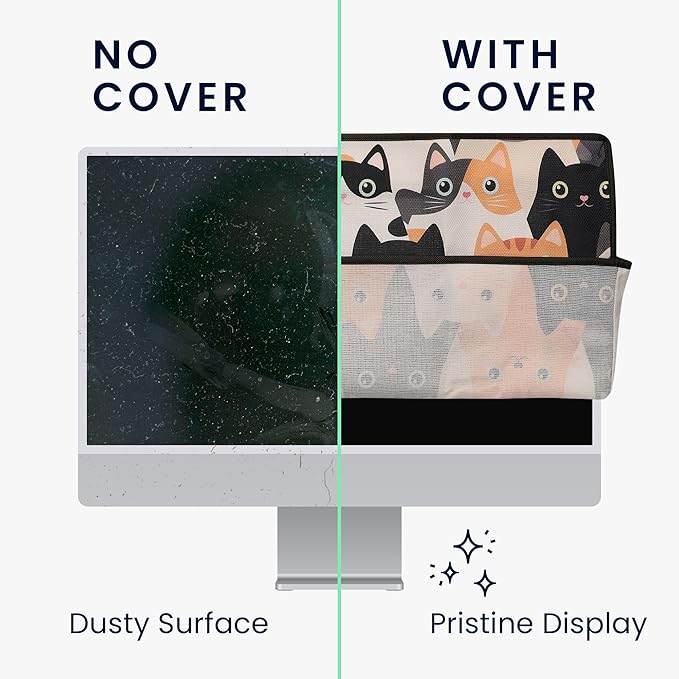 kwmobile Dust Cover for 24-26" Monitor - Linen Monitor Protector with Design - Cats Orange/Black/White
