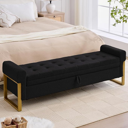 67" End of Bed Storage Bench King Size, Bench for Bedroom Foot of Bed, Upholstered Teddy Storage Ottoman with Gold Legs for Window Living Room, Teddy Black