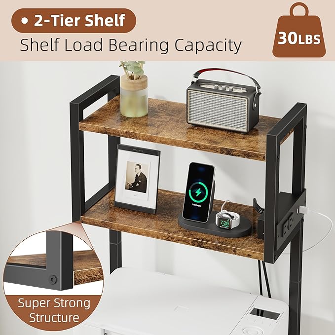 HIGDBFE 3 Drawer File Cabinet with Charging Station, 45''H, 3-Tier Filing Cabinet for Home Office, 11''*16'' for Small Printer, Fabric Drawer Fits Letter/A4, Tall Printer Stand, Rustic Brown
