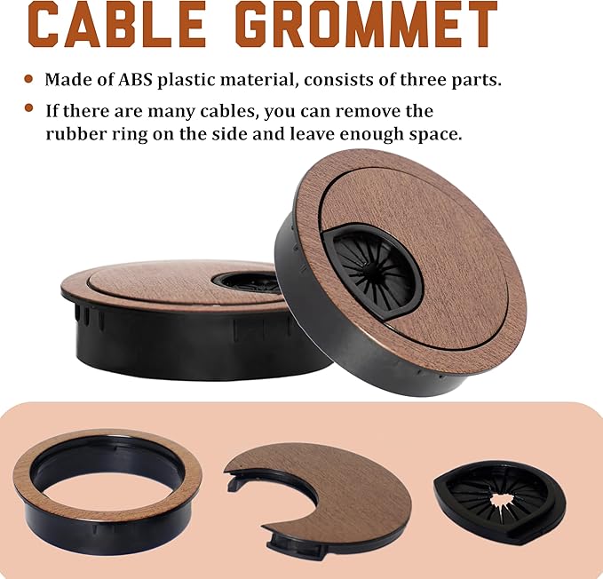 Signite 5 Pcs Plastic Desk Cable Grommet 2-1/2" – Durable Desk Hole Cover for Wire Management, Desks Cord Grommet for Workstations, Tables, Countertops 60mm Hole Cover for Home & Office Use -(M. Wood)