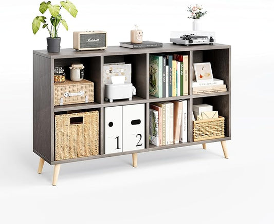 8-Cube Bookshelf 2 Tier Retro Bookcase with Legs, 11in Shelf Opening, 47" Wood Bookshelves Storage Organizer Shelf, Freestanding Open Book Shelves for Bedroom Living Room Office,Grey Oak