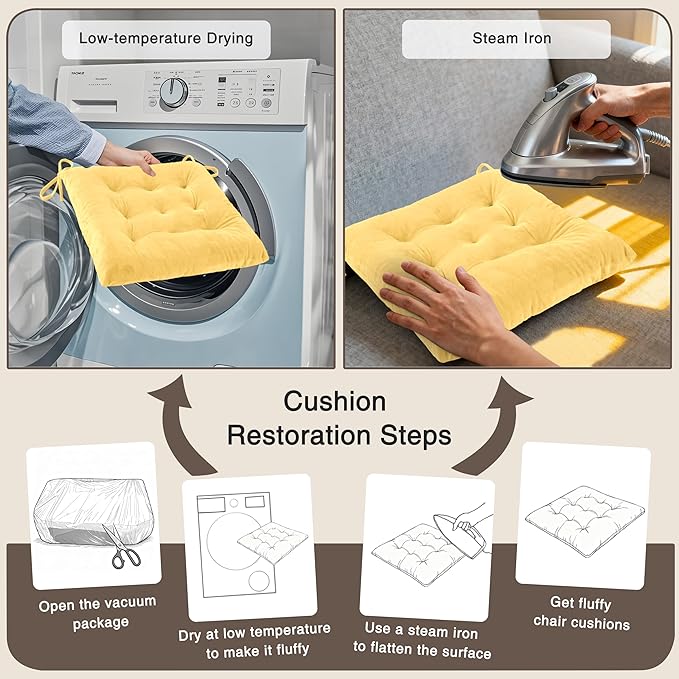 OVOV 6 Pack Chair Cushions for Dining Chairs Soft Seat Cushions for Kitchen Desk Chairs Square Chair Pads with Ties (15.5"x15.5" Pastel Yellow)