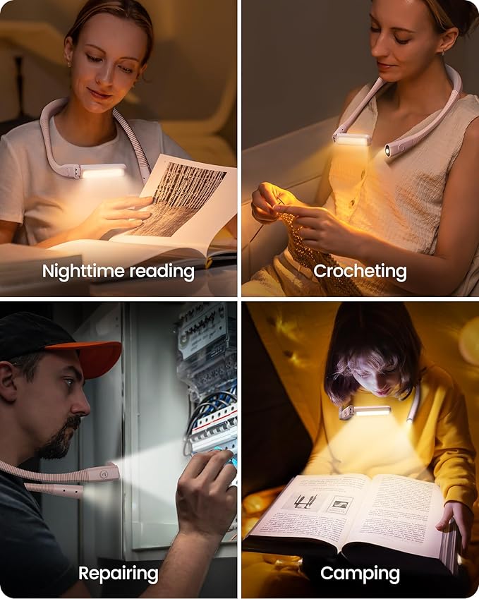 Glocusent Neck Light, 100Hrs Long Lasting Rechargeable Book Light, 5 Colors & Stepless Dimming Reading Light - Perfect Book Lights for Reading at Night, Knitting, Book Lovers Gifts