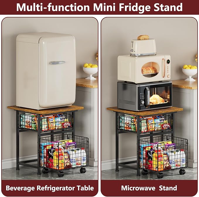 Mini Fridge Stand with Storage, Small Refrigerator Stand with 2 Drawers, Mini Fridge Shelf Cabinet-Max Load 400 LBS Heavy Microwave Stand Mini Fridge Cart for Dorm, Apartment, Kitchen, (Brown)