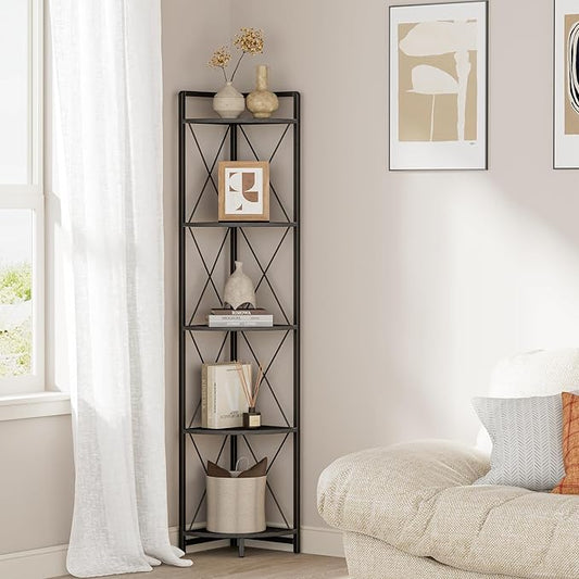 5 Tier Corner Shelf Stand, 64" H Tall Industrial Corner Bookshelf for Living Room Decor, Metal Corner Shelf, Plant Stand Display Shelf for Bedroom, Bathroom, Small Space, Black