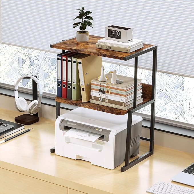 Homeiju 3-Tier Desk Shelf Printer Stand with Storage, Heavy Duty Metal Frame Wood Top Organizer for Home Office, Holds Up to 50lbs, Space-Saving for Home Office, Rustic Brown