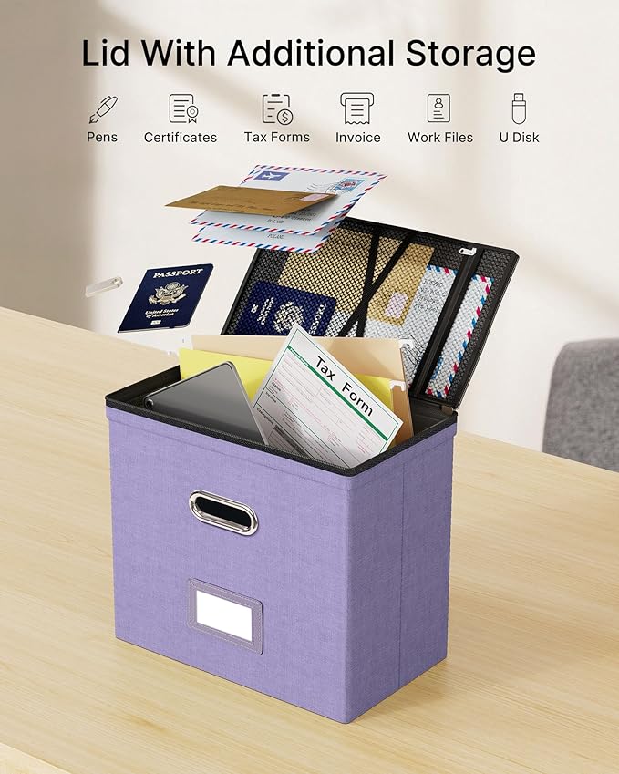 Oterri File Organizer Boxes with Lids, File Box with Mesh Pockets, Document Organizer Box for Letter Size Folders, Zippers Important Document Organizer (Light Purple, Small-2 Pack Without Folders)