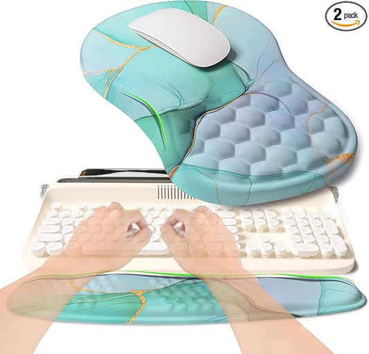 2-in-1 Ergonomic Set, Wave Rise Keyboard Wrist Rest and Massage Bulge Slope Mouse Pad Wrist Support, Cushion Memory Foam Integrated to Relieve Wrist Pain, Blue Gold Marble