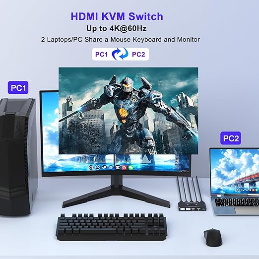 KVM Switch for 1 Monitor 2 Computers, 4K@60Hz HDMI KVM Switcher, HDMI USB Hub Switches for PC/Mac Pro/Laptop, Plug and Play, Share Keyboard Mouse Printer, with 2 USB Cables and 2 HDMI Cables