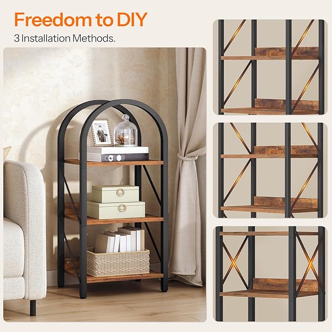 HOOBRO Bookshelf, 3-Tier Arched Bookshelf, Industrial Bookcase with Metal Frame, Book Shelf Storage Organizer for Living Room, Office, Bedroom, Rustic Brow and Black BF423SJ01