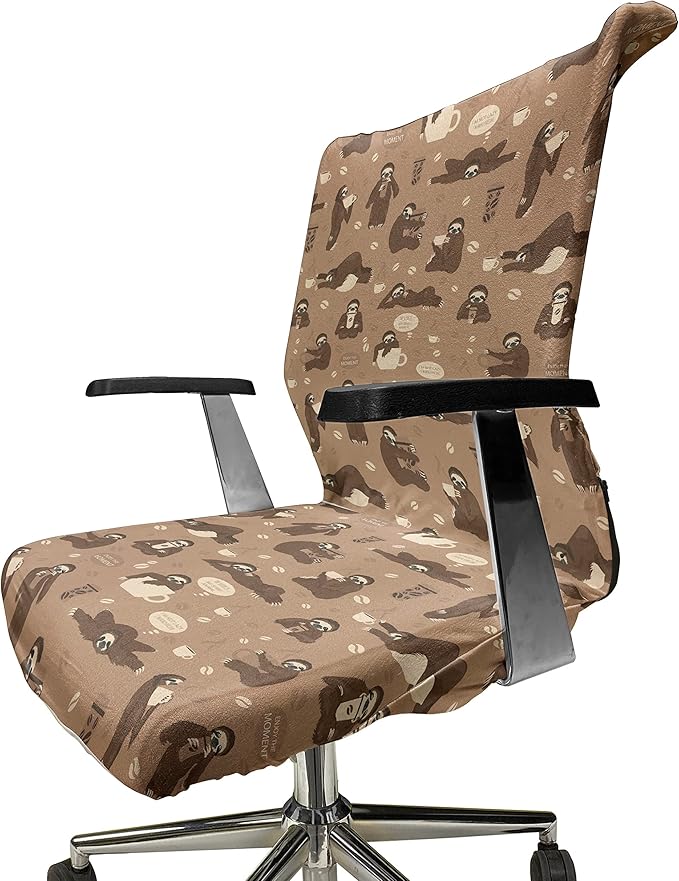 Ambesonne Funny Sloth Office Chair Cover, Whimsical Lazy Animal with Morning Coffee Poses Enjoy The Moment, Stretchable Decorative Universal Size High Back Printed Slipcover, Umber Beige