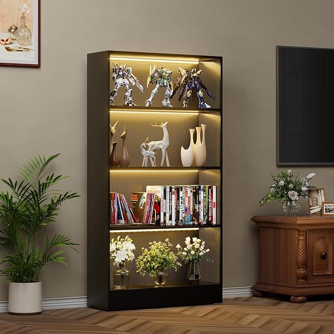 CODACE Tall Wooden Black Bookshelf - Display Shelf with LED Lights, Lighted Book Shelf with 4-Tier Shelves,Large Display Bookshelves for Collectibles, Modern Bookcase for Bedroom, Living Room, Office