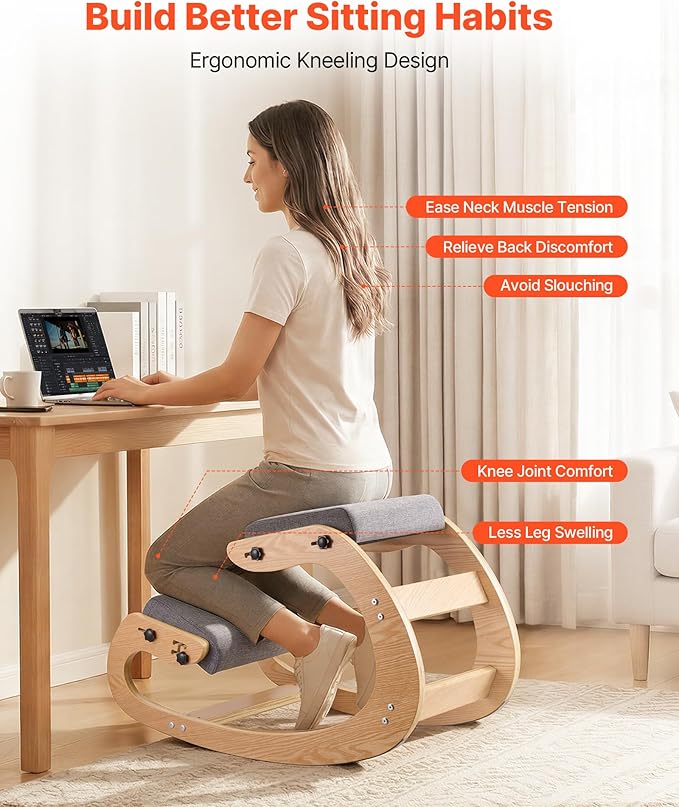 VEVOR Ergonomic Kneeling Chair, Wooden Posture Knee Chair with Adjustable Thick Foam Cushions & Solid Wood Frame, Adjustable Height, Relief for Neck or Back Pain for Home, Office or Meditation, Gray