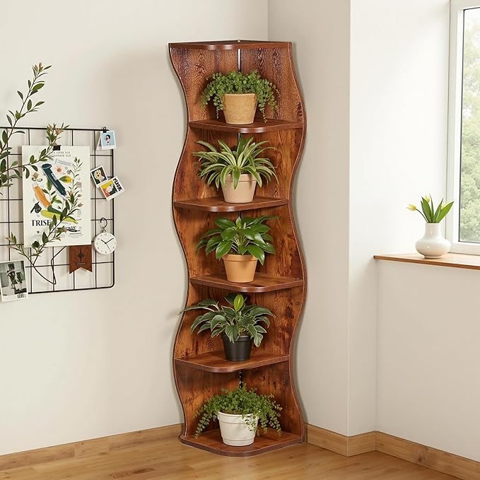 VECELO 6-Tier Wave Corner Bookcase with LED Lights, 90° Right-Angle Tall Narrow Bookshelf, Wooden Corner Display Stand Storage Shelf for Small Spaces, Living Room, Bedroom, Home Office (Brown)