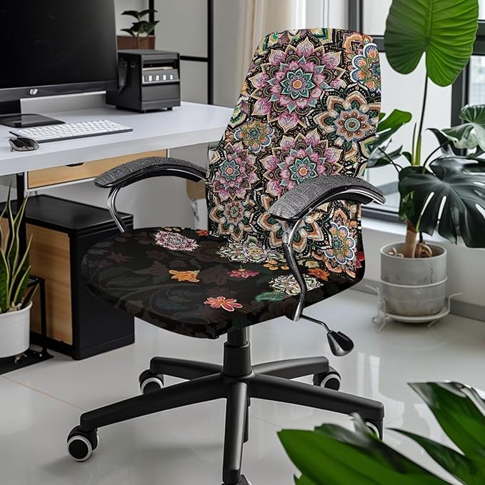 Talayituse Boho Mandala Flower Print Office Chair Cover Stretchable Desk Chair Cover Removable Computer Chair Cover for Office Chair Universal Spandex Rotating Chair Cover Anti-dust Chair Slipcover, S