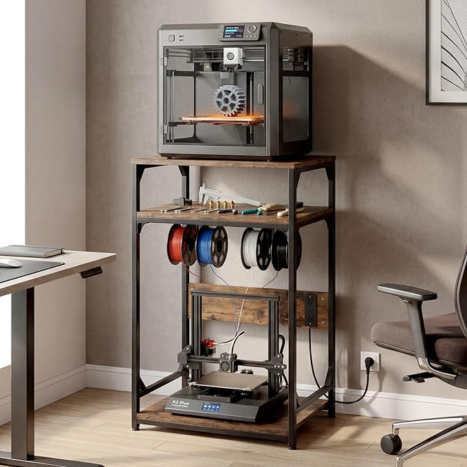 Heavy Duty 3D Printer Table Stand with Power Outlet Industrial-Strength Storage Rack for Stable, Organized & Cable-Managed Printing Workstation