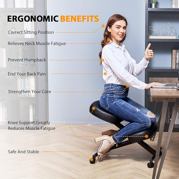 Himimi Ergonomic Kneeling Chair for Office - Faux Leather - Thick Comfortable Moulded Foam Cushions - Brake Casters, Adjustable Stool for Home & Office