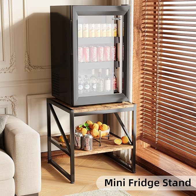 Mexin End Table with Charging Station, 20 Inch Square Printer Stand with USB Ports & Power Outlets, Mini Fridge Stand with 2-Tier Storage Shelf Adjustable, Industrial Wood Nightstand for Small Spaces