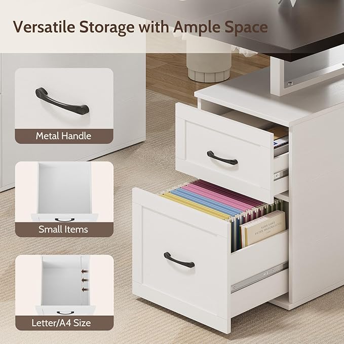 Farmhouse Desk with Drawers & Power Outlet, White Home Office Desk with Adjustable File Organizer, 71" Executive Desk with Storage, Computer Desk with Privacy Panel
