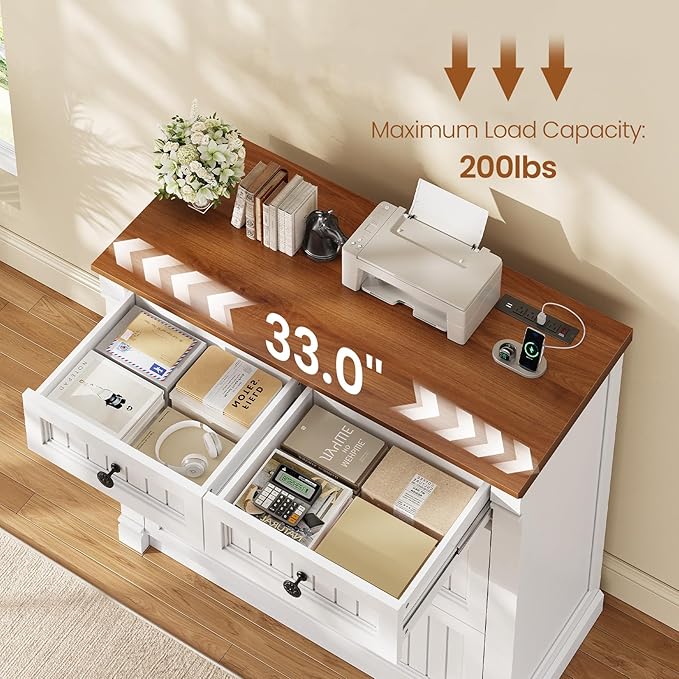SEDETA 4 Drawers File Cabinet, 33" Farmhouse Filing Cabinets for Home Office fit Legal/Letter/A4 File, Wood Office File Cabinet with Power Outlets, Printer Stand with Storage, White+Brown