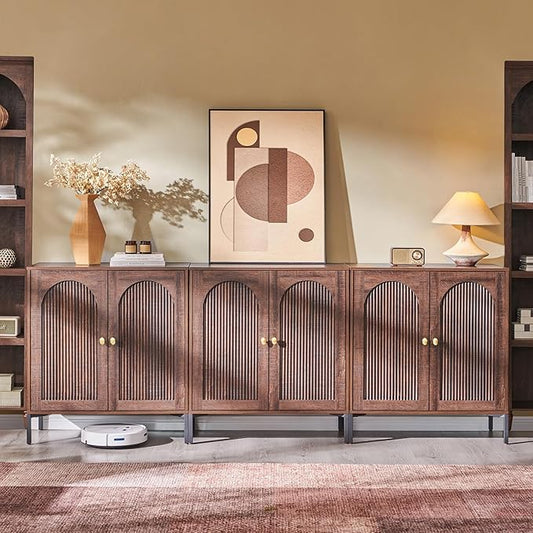 IFGET Modern Buffet Cabinet with Storage, 92.63" W Fluted Arched Sideboard Cabinet w/Adjustable Shelves, Wooden Modular Coffee Bar for Dining Room, Kitchen, Living Room, Entryway, Brown
